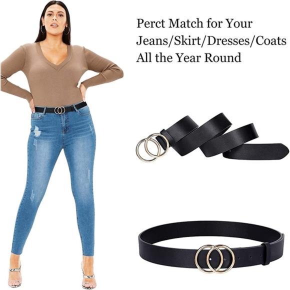 JASGOOD Plus Size Double O Ring Belt Leather Belt,Ladies PU Leather Waist Belts main image 5